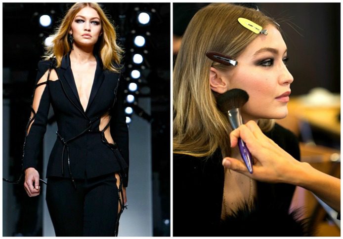 Gigi Hadid walk Versace Spring 2016 Couture runway in smokey makeup look