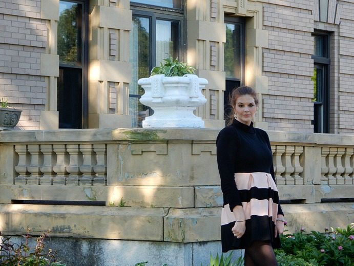 Blush and black striped fit-and-flare dress by Boohoo - Spring Wedding OOTD