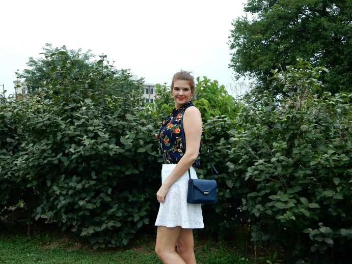 Floral Blouse, White Lace Skirt and Navy Handbag - Summer Style