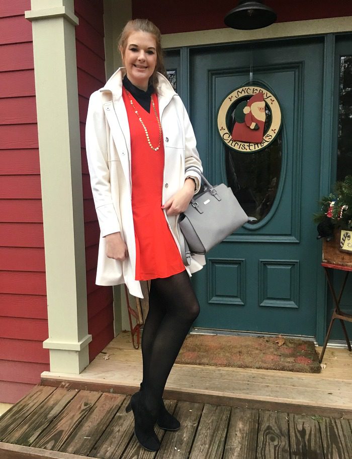 Red J.Crew Flare Dress and White DKNY Coat - Holiday Shopping Outift