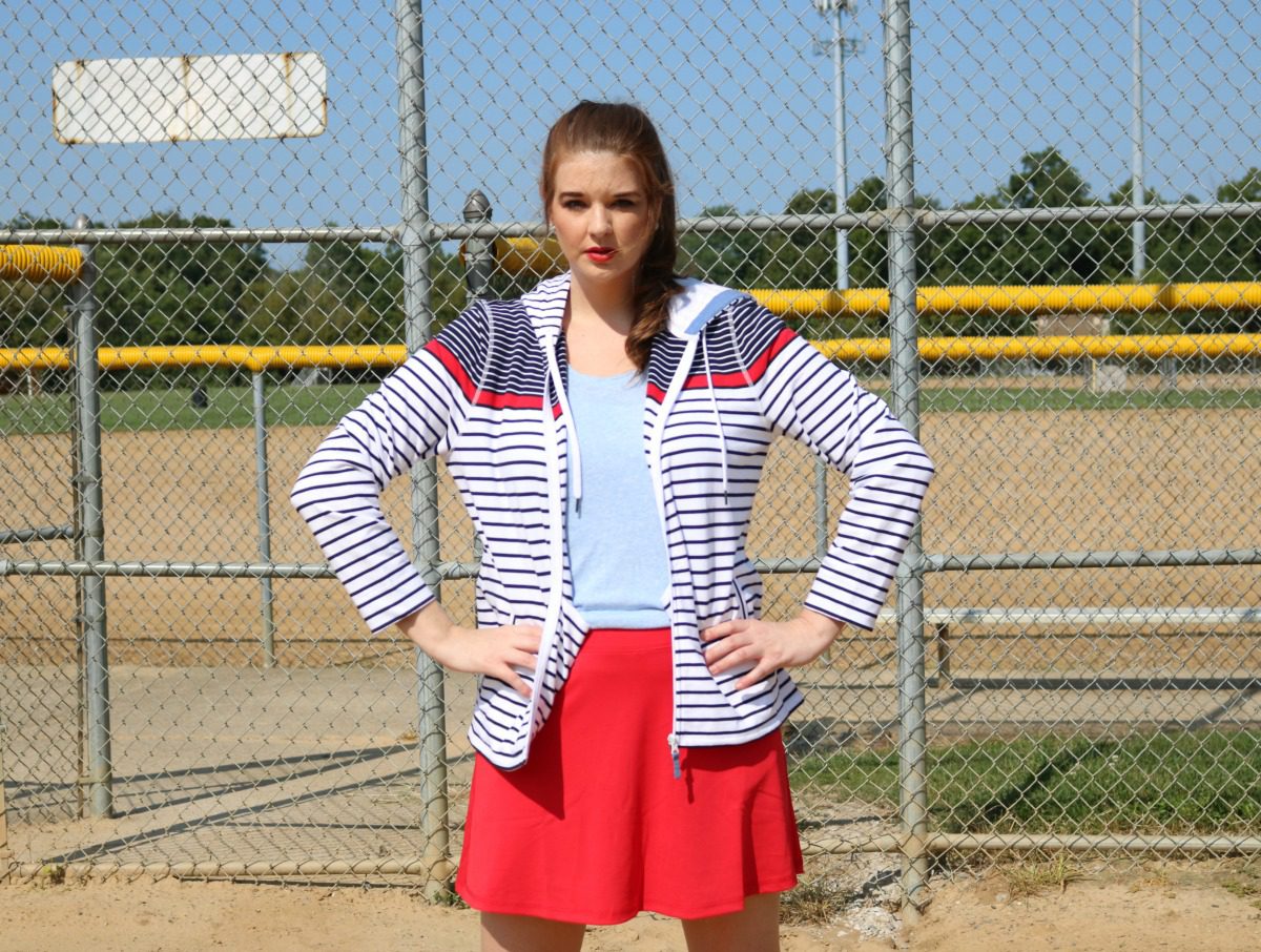 T by Talbots Sportswear Outfit with Red Skort and Striped Pullover I DreaminLace.com