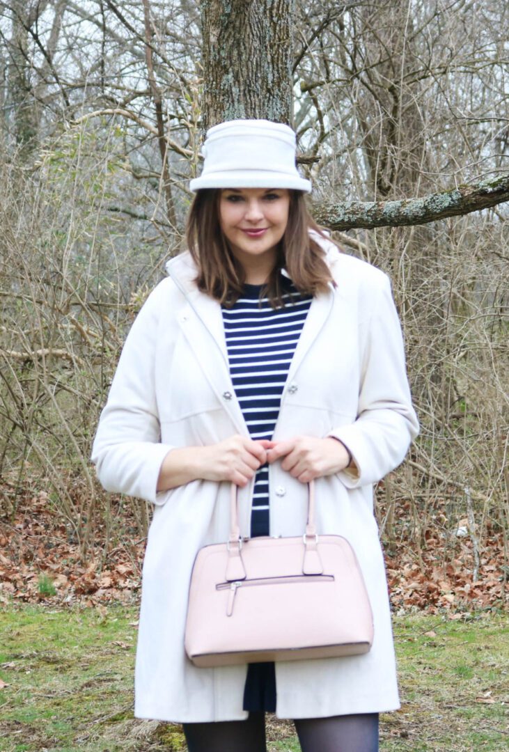 Early Spring Style Ideas I Winter Whites Over Navy Stripes with Blush Pink Handbag #OOTD #SpringStyle