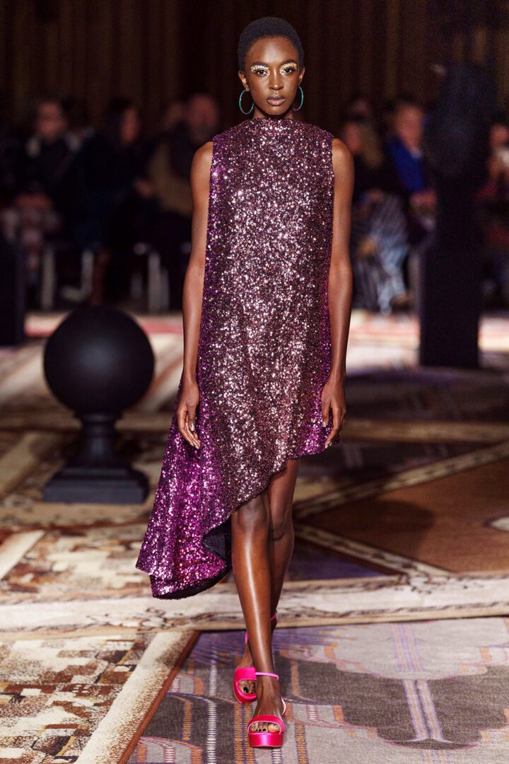Best London Fashion Week Looks Off the Fall 2019 Runways I Halpern Sparkling Purple Cocktail Dress #FashionWeek #LFW #DesignerFashion