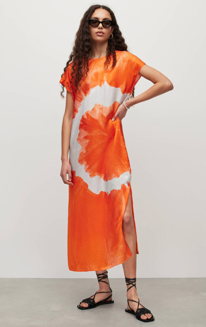 Summer Wedding Guest Outfit Ideas I AllSaints Silk Blend Maxi Dress with relaxed fit and tie-dye print