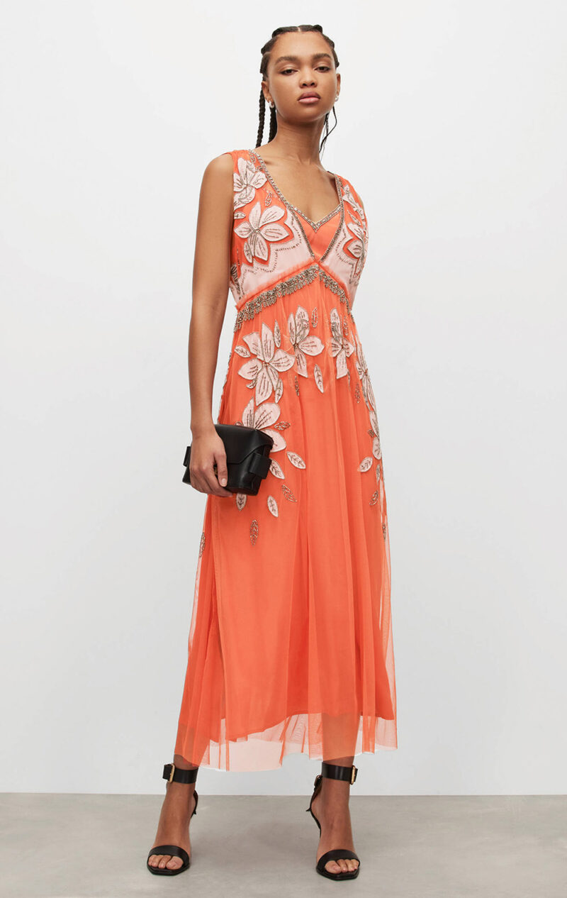 Summer Wedding Guest Outfit Ideas I AllSaints Orange Embroidred Relaxed Fit Midi Dress with made from recycled, sustainable materials