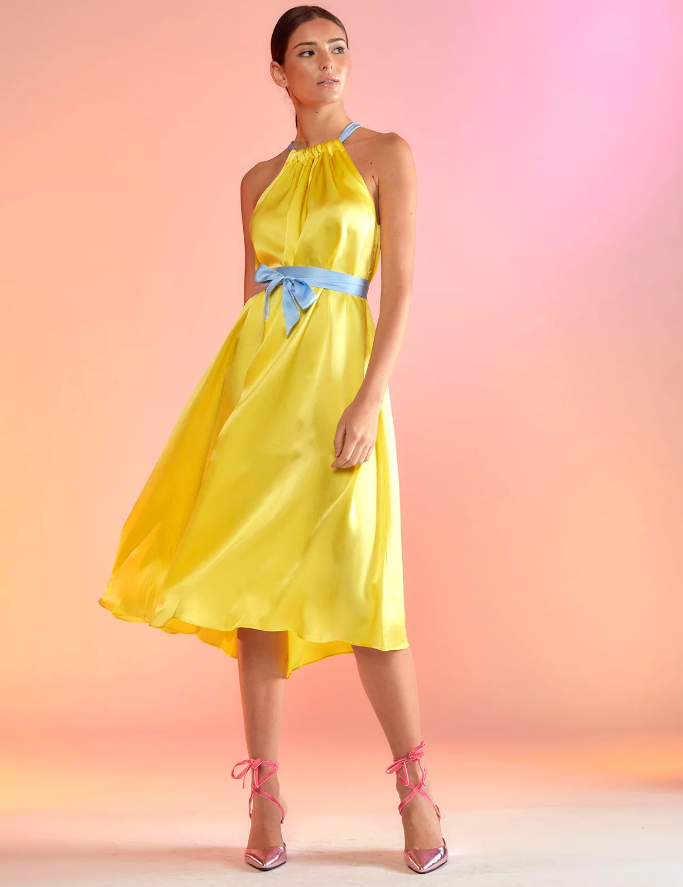 Summer Wedding Guest Outfit Ideas I Cynthia Rowley Silk Canary Yellow Midi Dress with Blue waist and halter neckline
