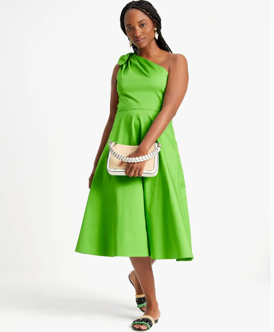 Summer Wedding Guest Outfit Ideas I Kate Spade One-Shoulder Lime Green Midi Dress
