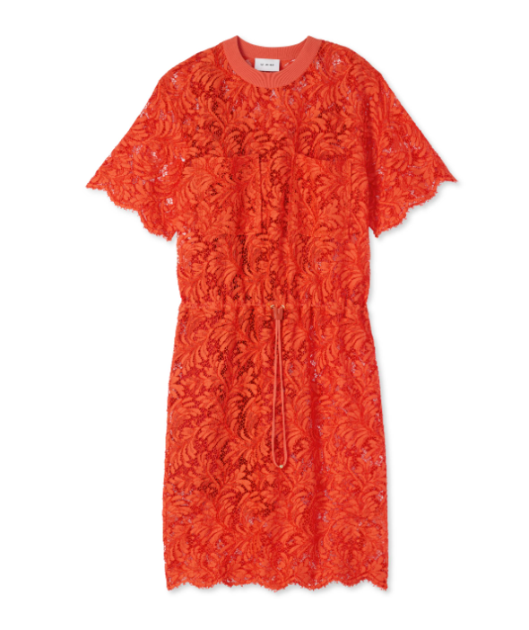 Summer Wedding Guest Outfit Ideas I Orange Red St. John Lace Dress