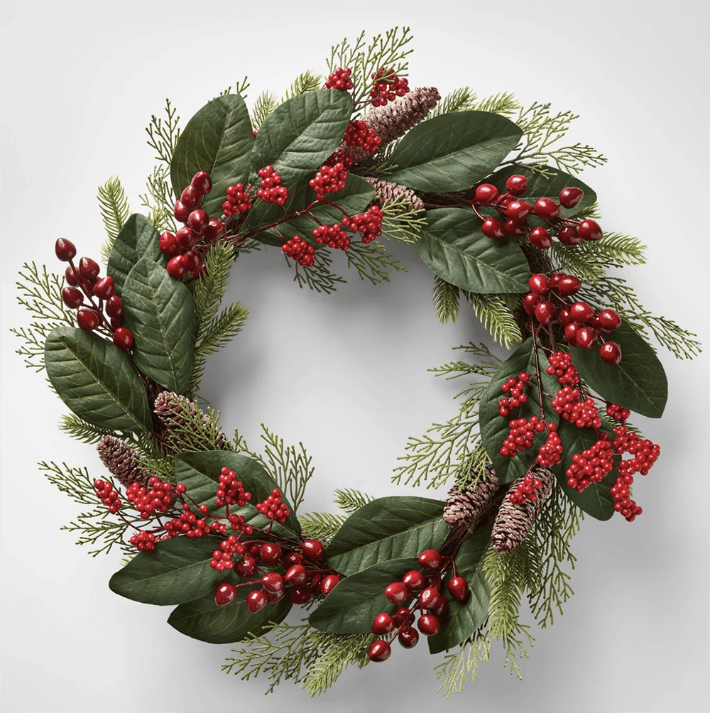 Affordable Holiday 2021 Decor I Target Magnolia Wreath with Berries and Pinecones