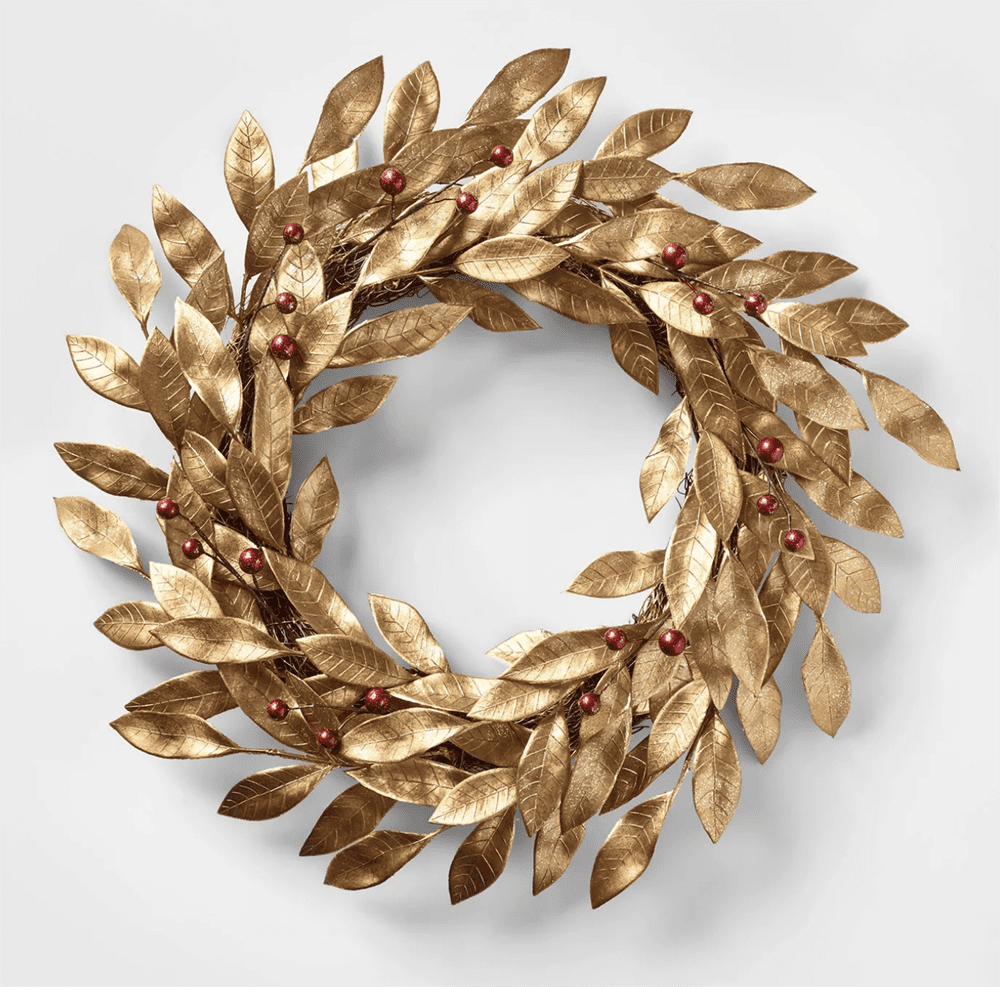 Affordable Holiday Home Decor I Target Gold Leaf Wreath With Berries
