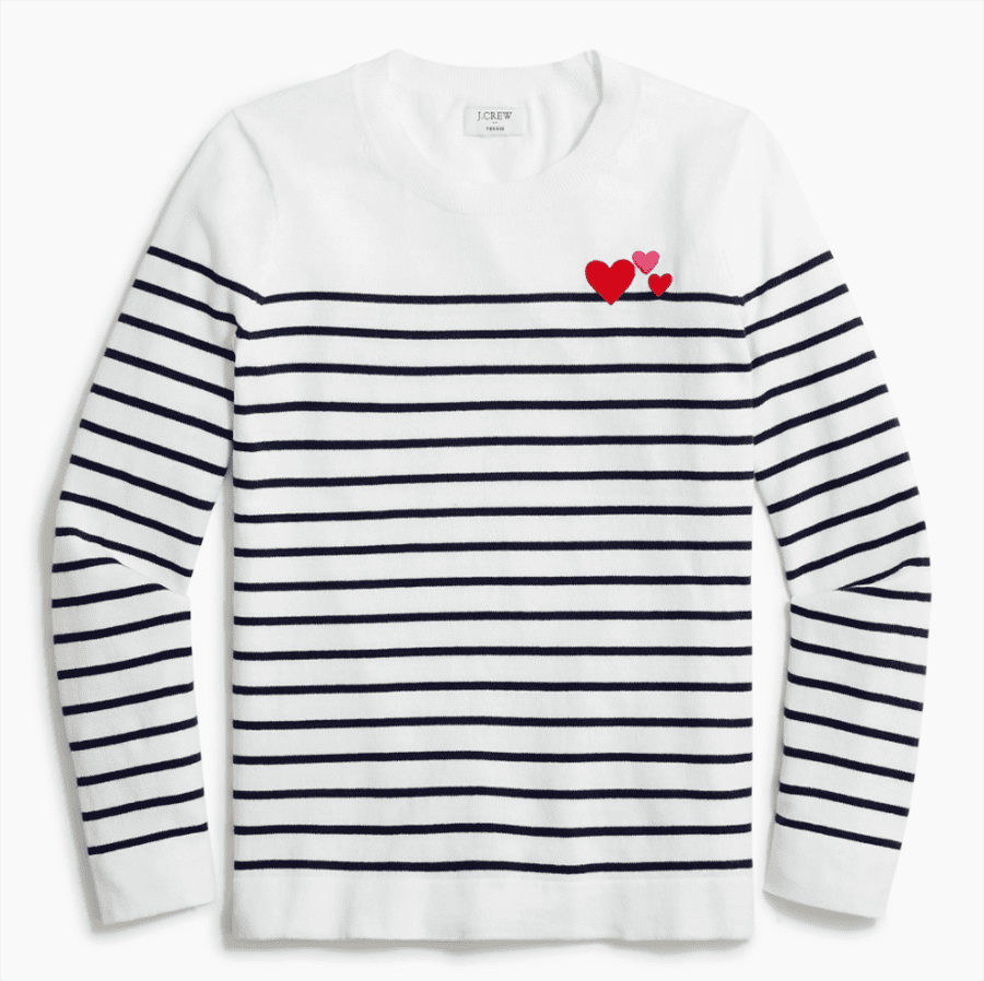 2022 Valentine's Day Outfit Ideas Under $100 I J.Crew Factory Striped Heart Sweater #fashionstyle #outfitideas 