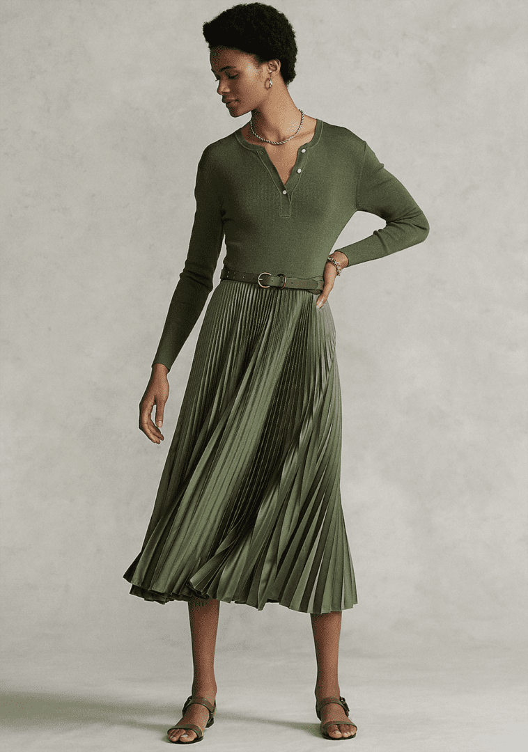 Green Spring 2022 Dresses I Ralph Lauren Mixed Pleated Midi Dress #fashiosntyle #ootdstyle