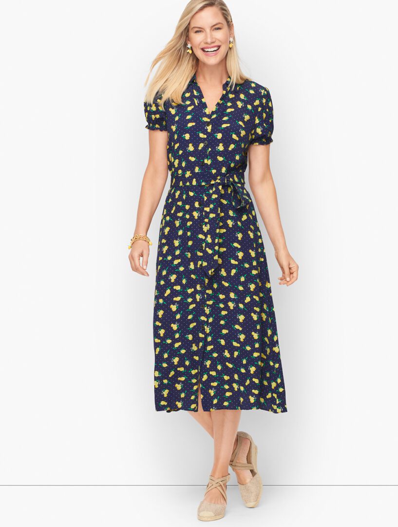 Spring 2022 Lemon Trend Style Picks I Talbots Lemon Print Midi Dress #ootdstyle #springoutfit