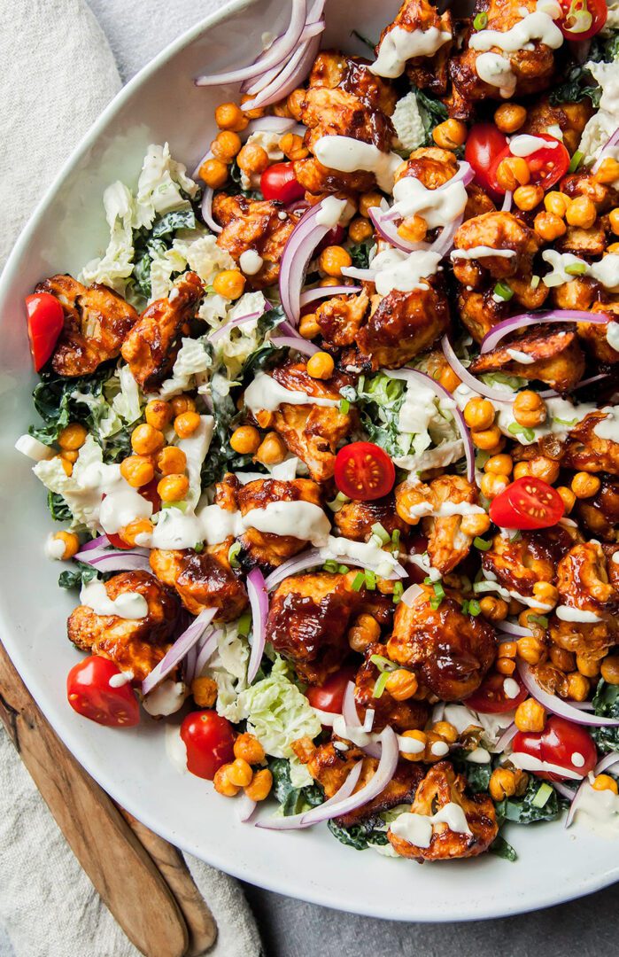 Satisfying Summer Salad Recipes I The First Mess Vegan Chickpea, Kale and BBQ Cauliflower Recipe #recipeoftheday #veganrecipes