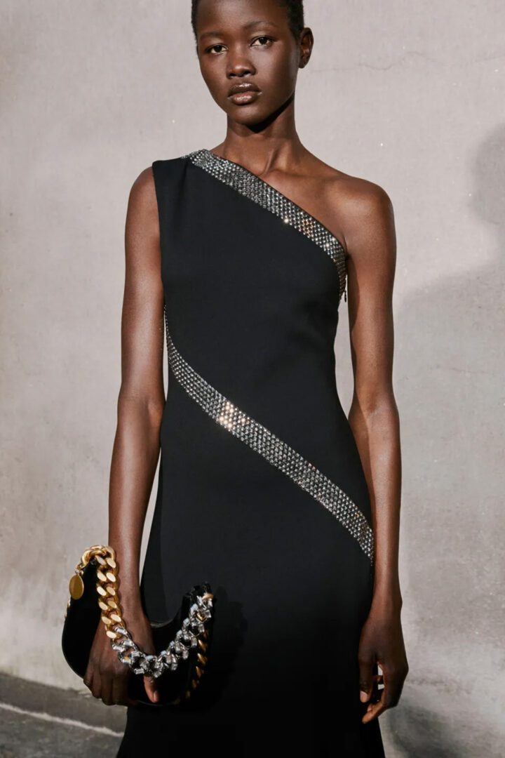 Stella McCartney Pre-Fall 2022 Collection I Black one-shoulder gown with faux leather chained handbag #fashionstyle #ootdstyle