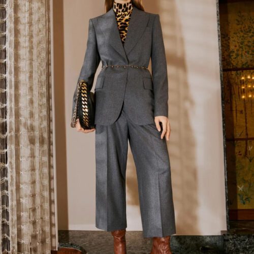 Stella McCartney Pre-Fall 2022 Collection Look 17 I Animal print body suit, fitted gray blazer, wide-leg sourced trousers #fashionstyle #ootdstyle