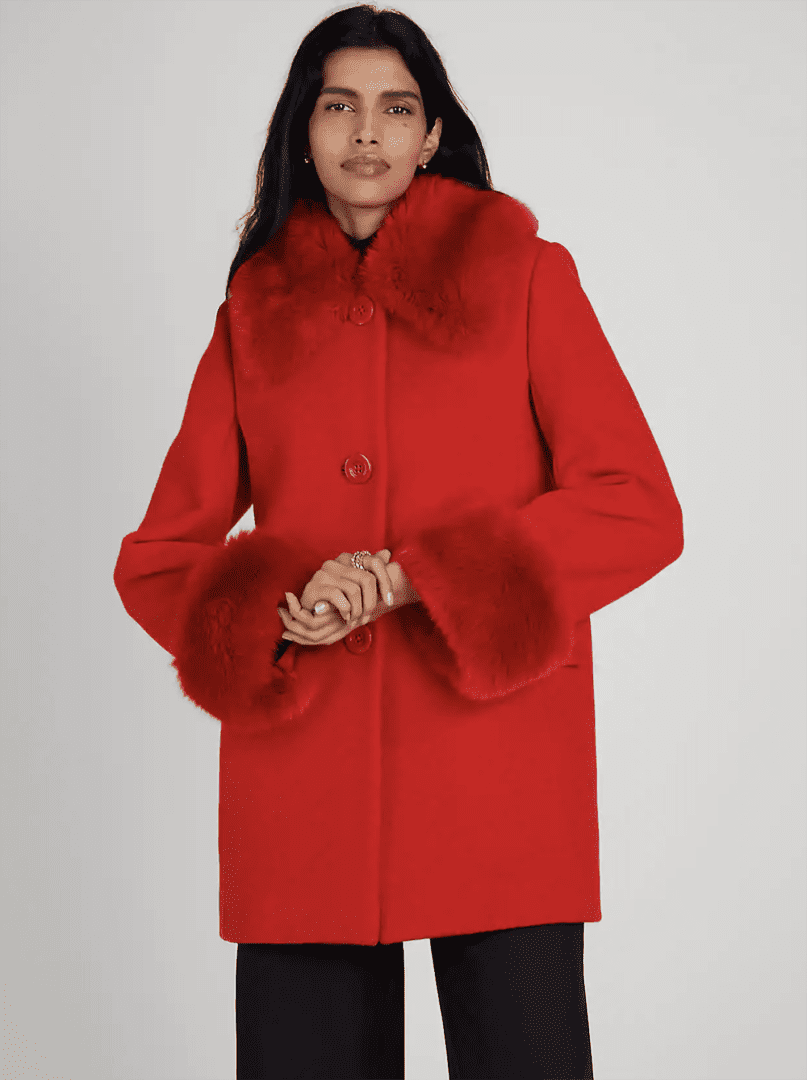 Kate Spade Winter 2023 Coat Collection I Anita Red Coat with Faux Fur Collar and Trim #fashionstyle #ootdstyle