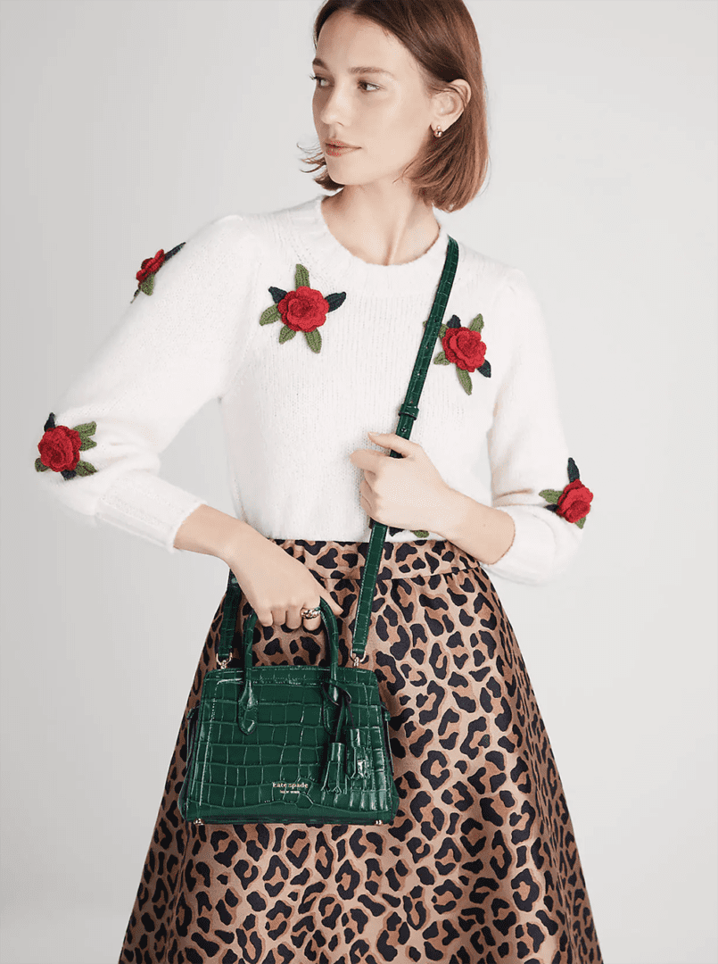 Kate Spade Winter 2023 Collection I Rose Embroidered Sweater and Croc Embossed Satchel Handbag #fashionstyle #ootdstyle