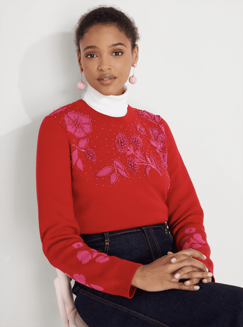 Kate Spade Winter 2023 Collection I Red Embellished Floral Wool Sweater #fashionstyle #ootdstyle