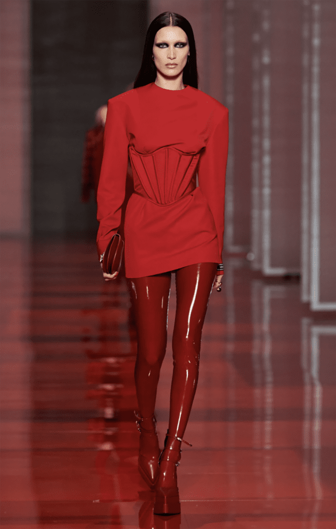 Versace Fall 2022 Collection I Bella Hadid Wears Red Corset Mini Dress #fashionstyle #ootdstyle