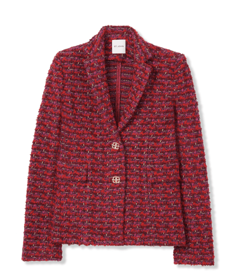 2022 Festive Office Outfit Ideas I St. John Red Multi Boucle Tweed Knit Jacket