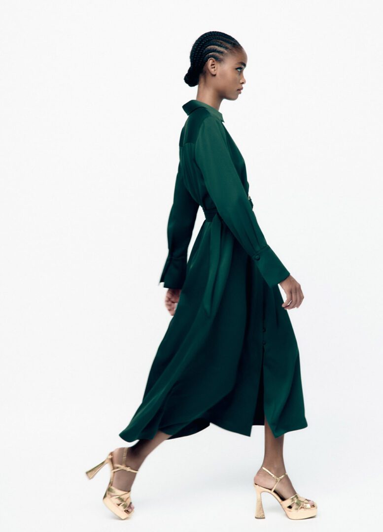 2022 Festive Office Outfit Ideas I Green Silky Midi Shirtdress #fashionstyle #ootdstyle #outfitideas