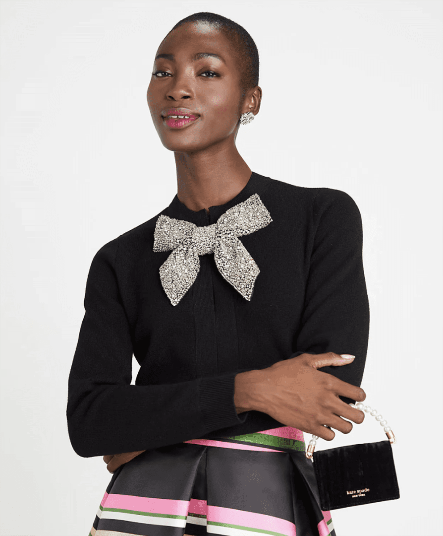 2022 Festive Office Outfit Ideas I Kate Spade Embellished Bow Neck Cardigan #fashionstyle #ootdstyle
