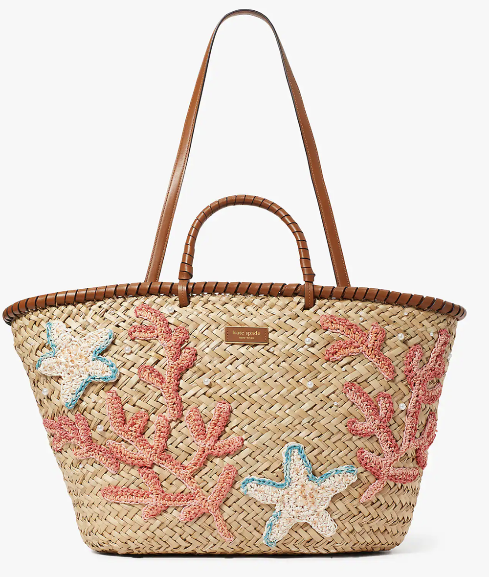 Best Summer 2023 Beach Bags I Kate Spade under the sea large straw tote bag with leather trim and coral, starfish embroidery that's a perfect addition to your summer ootd
