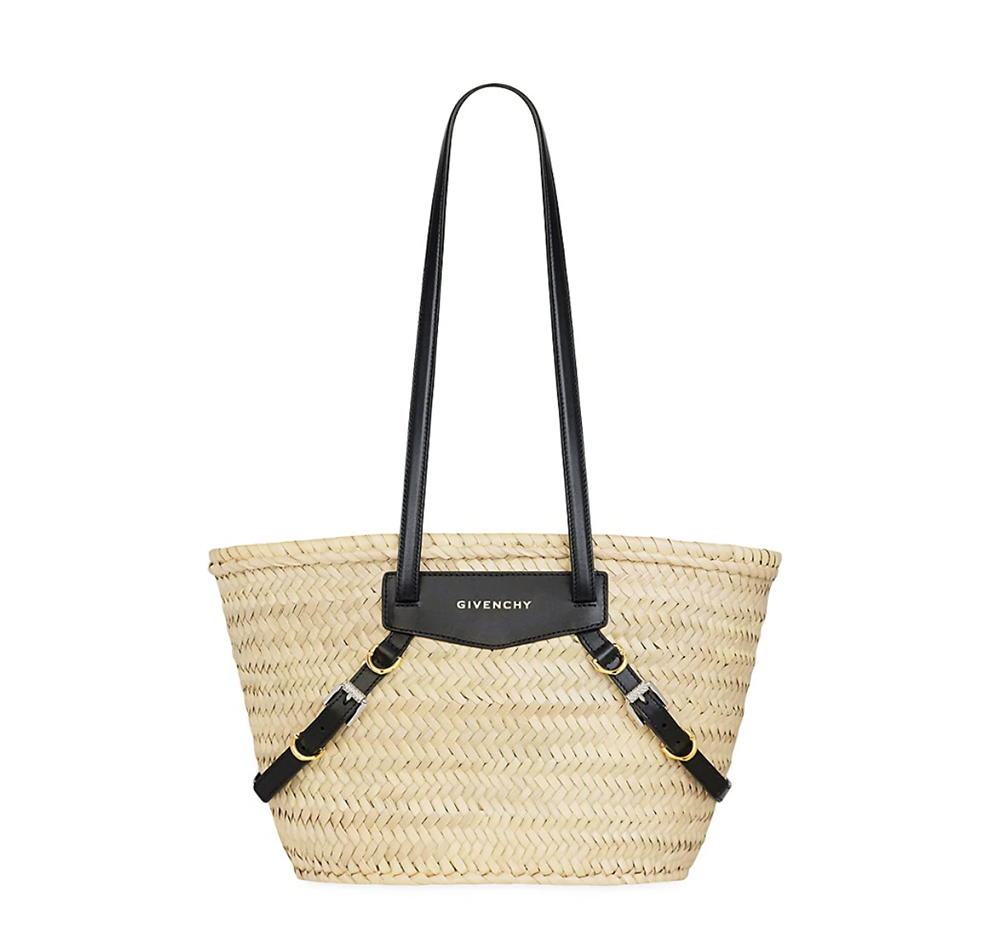 Summer 2023 Beach Bags I Givenchy Voyou Raffia Basket Bag with Black Trim