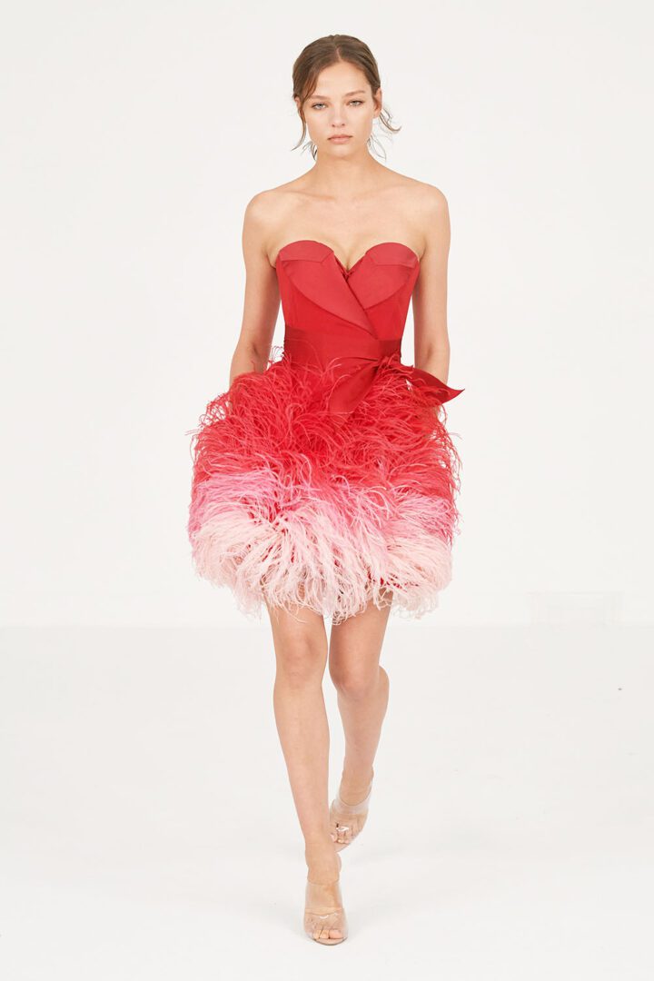 Best Fall 2023 Couture Looks I Alexis Mabille Tailored Bodice and Feathered Skirt party dress