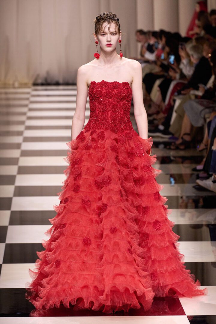 Best Fall 2023 Couture Looks I Armani Prive Red gown with ruffled skirt