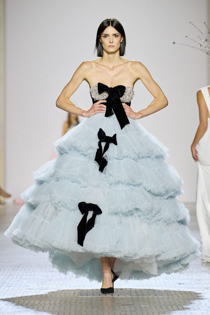 Best Fall 2023 Couture Looks I Celia Kritharioti Tiered Cinderella Gown with bow embellishments