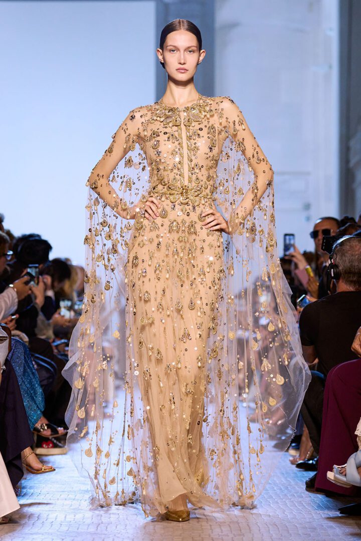 Best Fall 2023 Couture Looks I Elie Saab Golden gown with lace cape