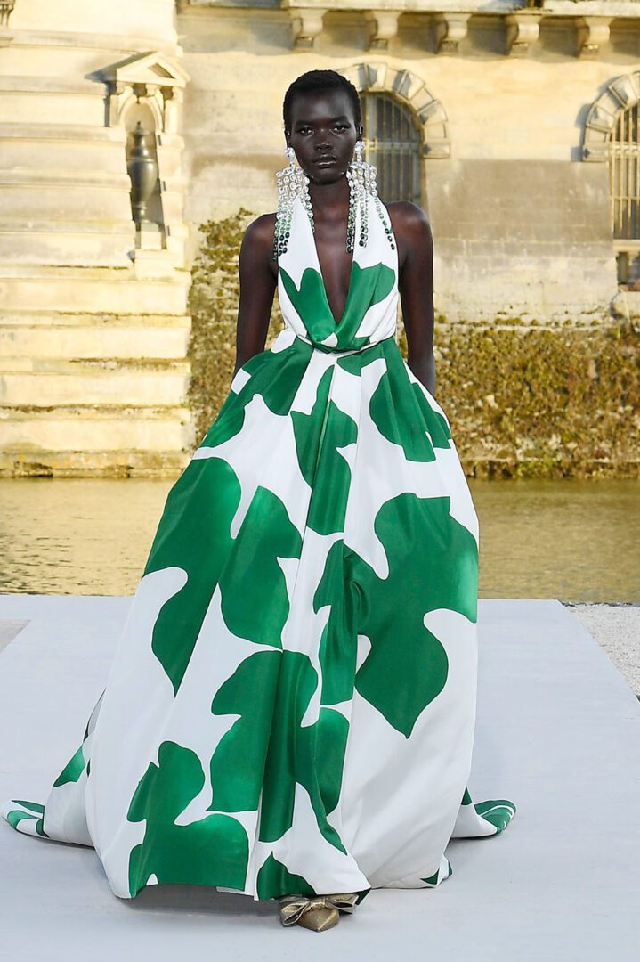 Best Fall 2023 Couture Looks I Maison Valentino white and green ball gown with deep halter neckline