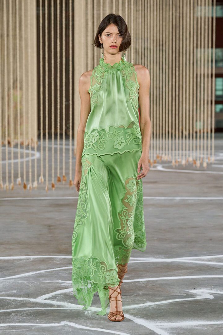 Best NYFW Spring 2024 Looks I Ulla Johnson lime satin and lace maxi skirt and blouse with halter neckline