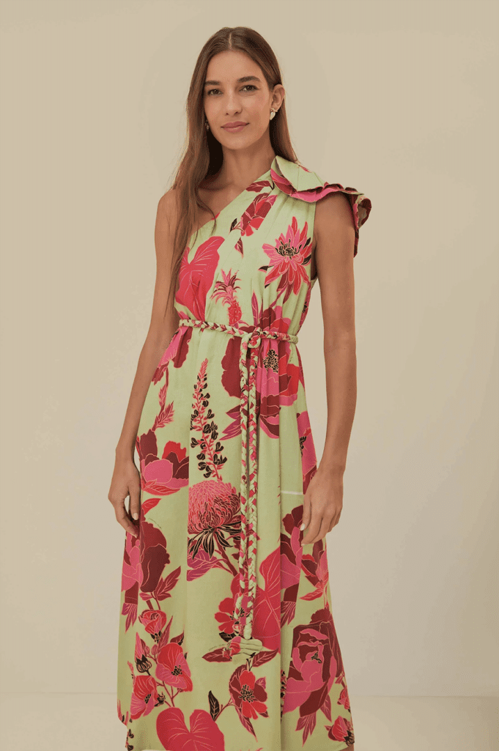 2024 Summer Sundresses I Farm Rio One-Shoulder Tropical Floral Midi Dress Made of 100% Recycled Materials