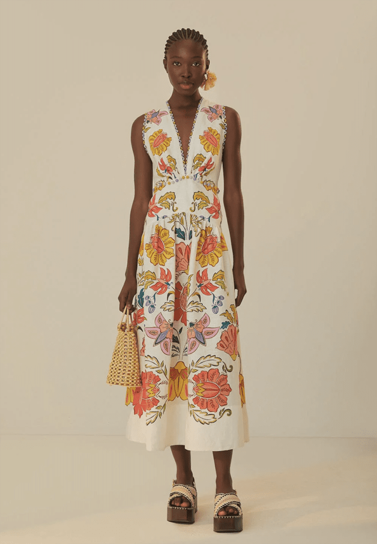2024 Summer Sundresses for Every Body and Budget I Farm Rio Floral Midi Dress with Deep V Neckline
