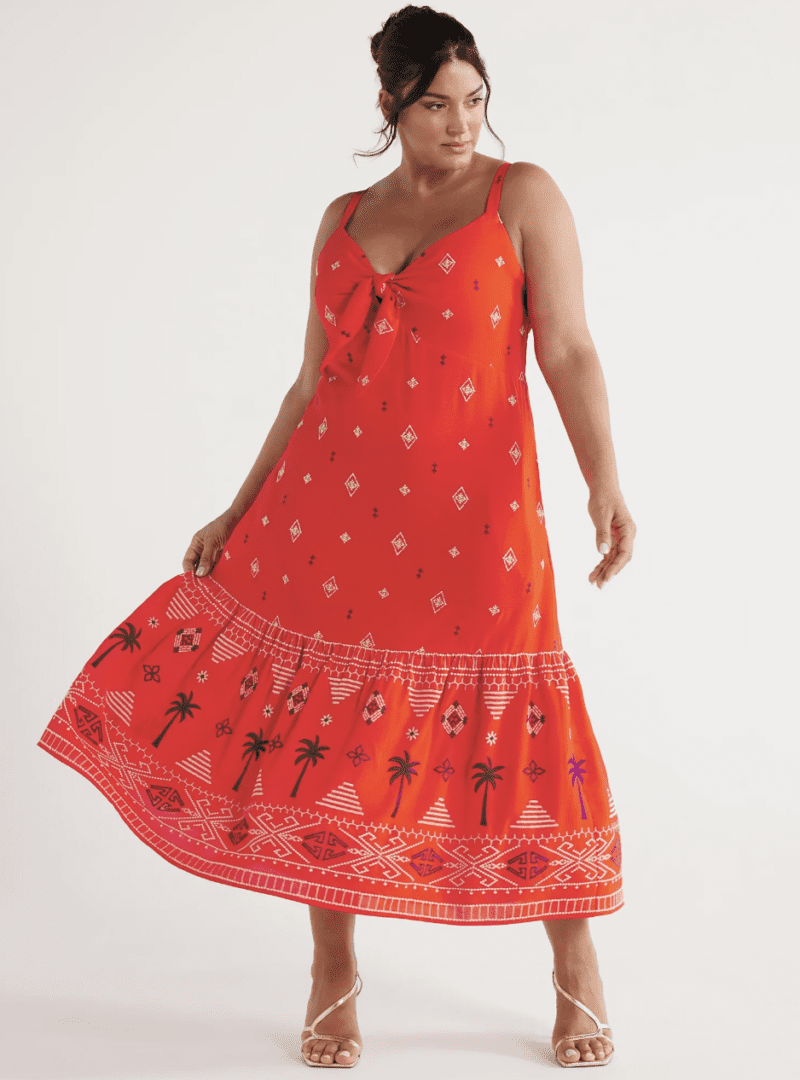 Affordable 2024 Summer Sundresses I Vibrant orange midi dress with tropical print