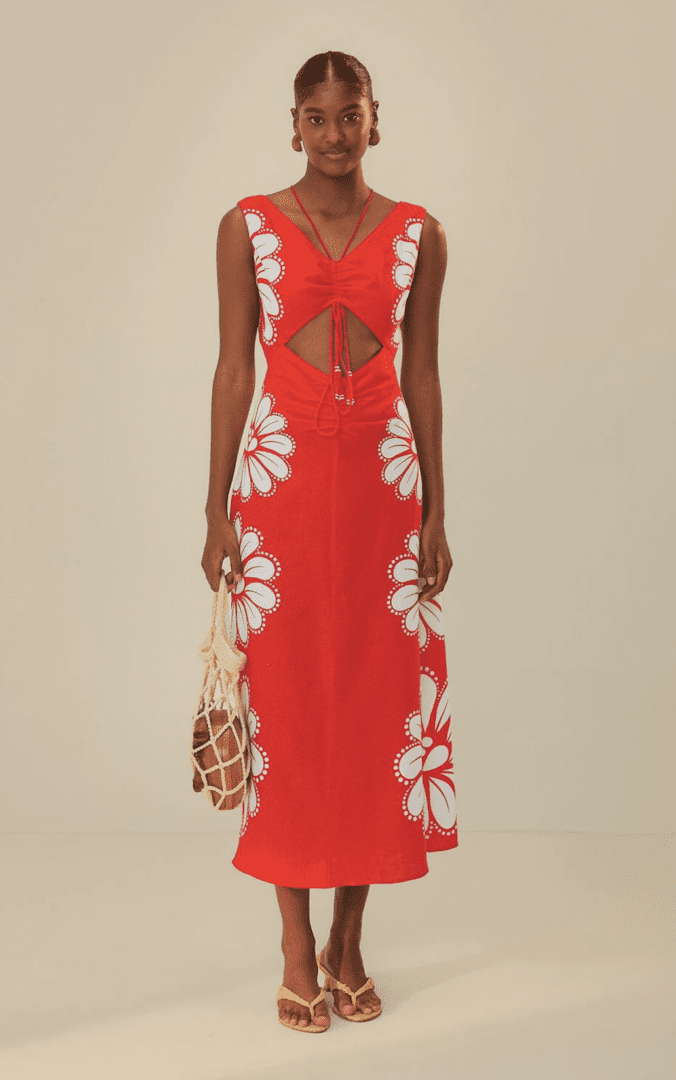 Farm Rio Summer 2024 Sundresses I Red Clam Shell Midi Dress with Waist Cutout