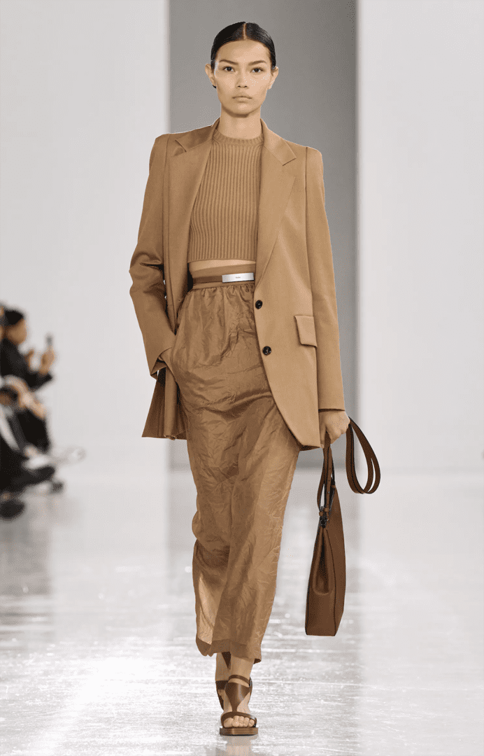 Best MFW Spring 2025 Looks Off Runway I Max Mara camel brown midi skirt, blazer and crewneck