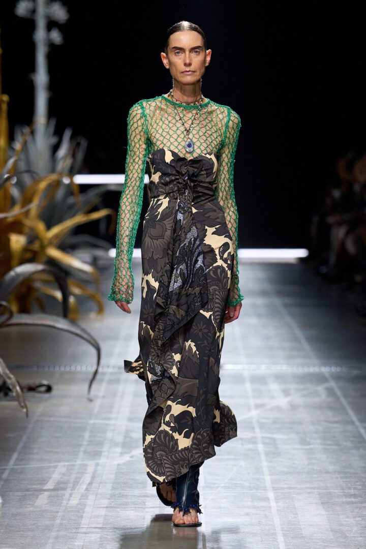 Best MFW Spring 2025 Looks Off Runway I Etro dress over green fishnet top