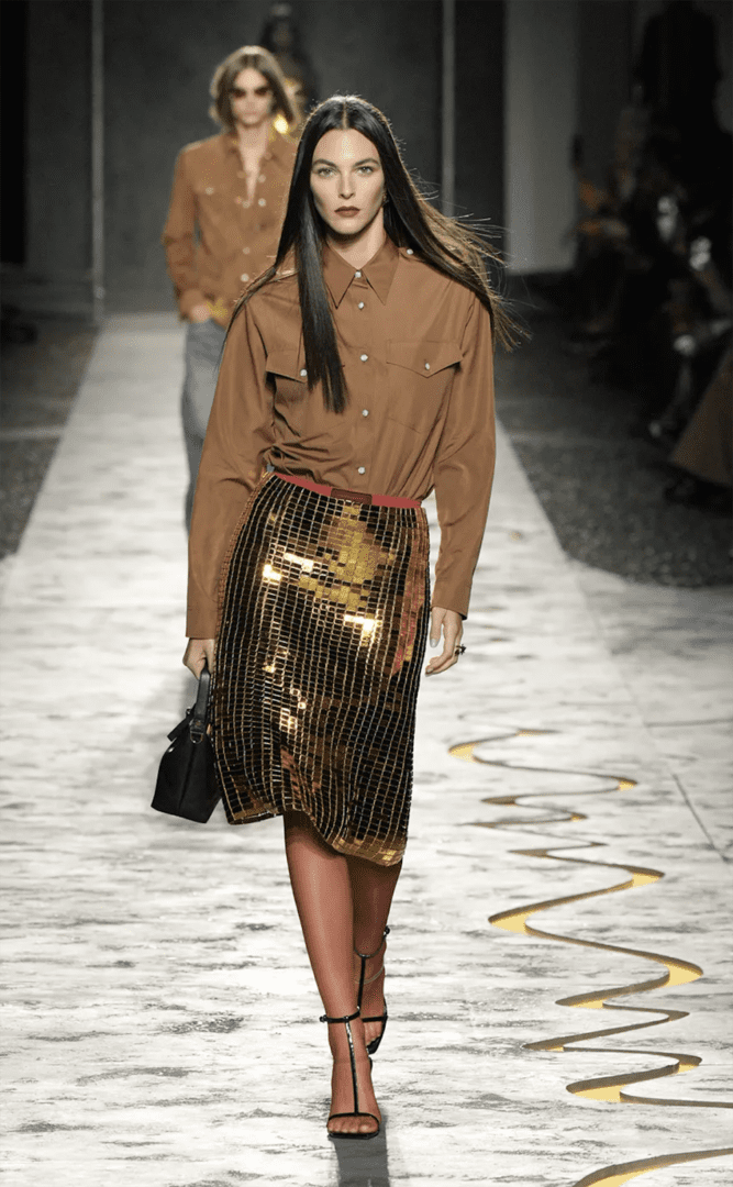 Best MFW Spring 2025 Looks Off Runway I Versace Sequin Midi Skirt and Collared Button Down Blouse