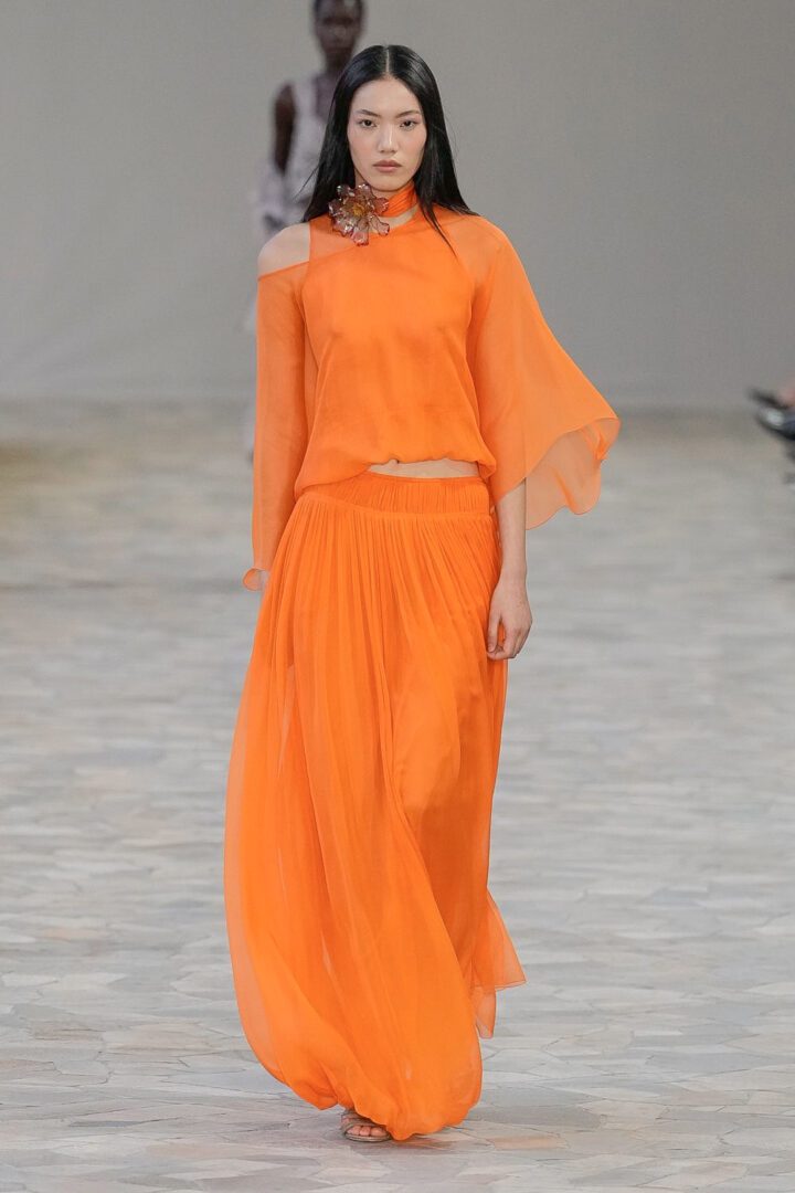 Best MFW Spring 2025 Looks Off the Runway I Flowing Alberta Ferretti citrus orange blouse and maxi skirt