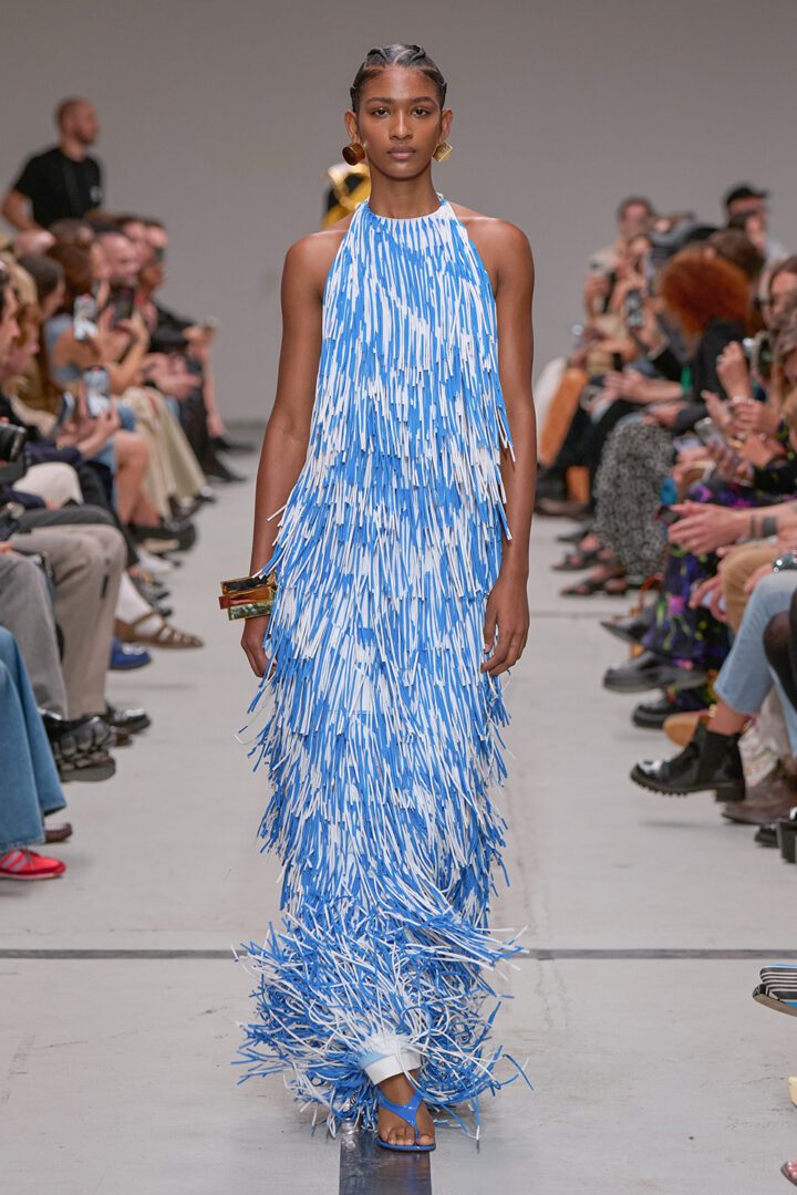 Best MFW Spring 2025 Looks of the Runway I Missoni blue and white tassel dress with halter neckline