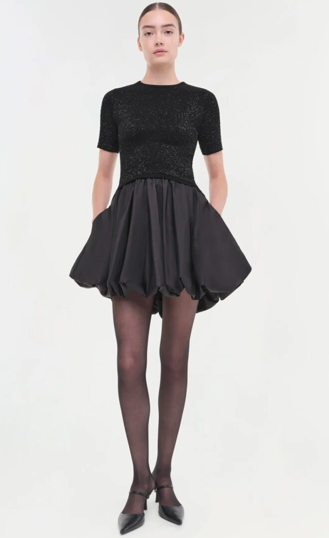 Jonathan Simkhai Party Dress Edit I Black short-sleeve mini dress with ruffle skirt and fitted bodice