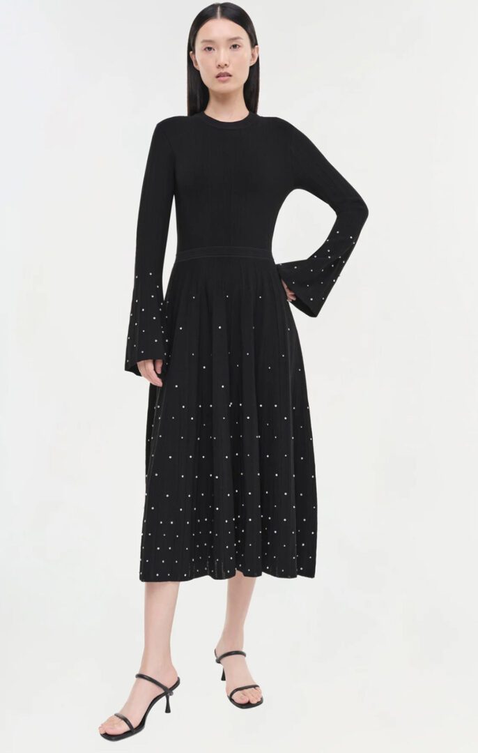 Jonathan Simkhai Party Dress Edit I Black flounce sleeve midi dress with embellished skirt