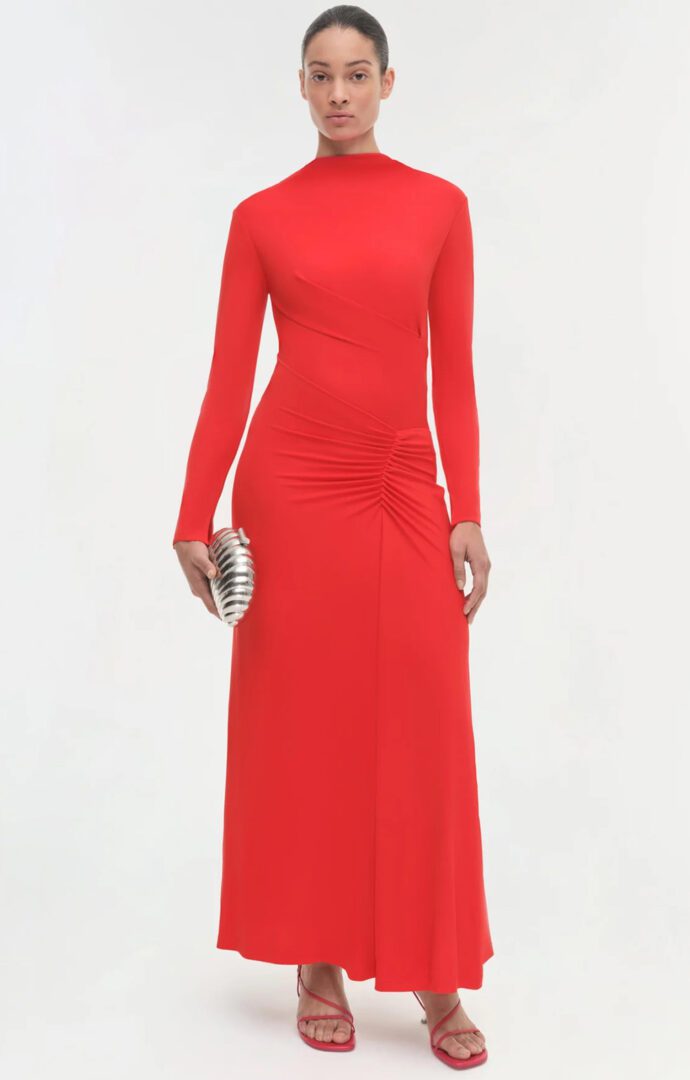 Jonathan Simkhai Party dress edit I bright red long-sleeved maxi dress with draped waist