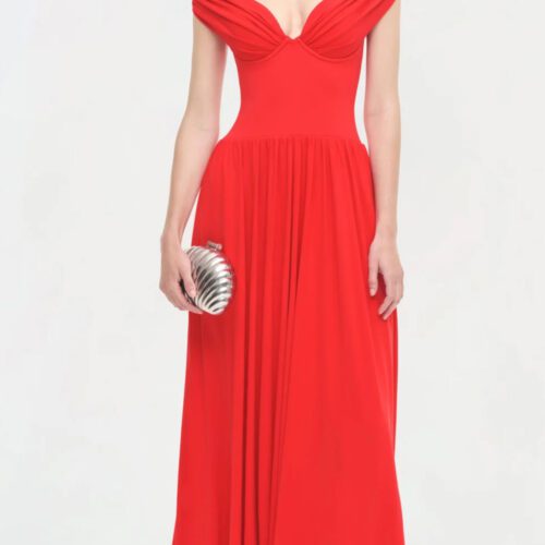 Jonathan Simkhai Party Dress Edit I Off-shoulder fiery red dress with sculpted waist