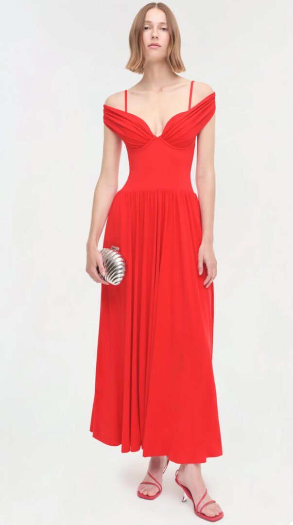 Jonathan Simkhai Party Dress Edit I Off-shoulder fiery red dress with sculpted waist