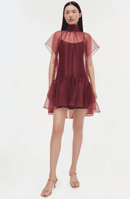 Jonathan Simkhai holiday dress edit I burgundy wine organza shift dress with bow tie back